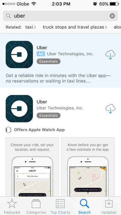 App Store search ad Uber