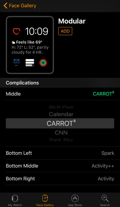 Setting complications is simple with the app. You'll also see a preview of what the face will look like.